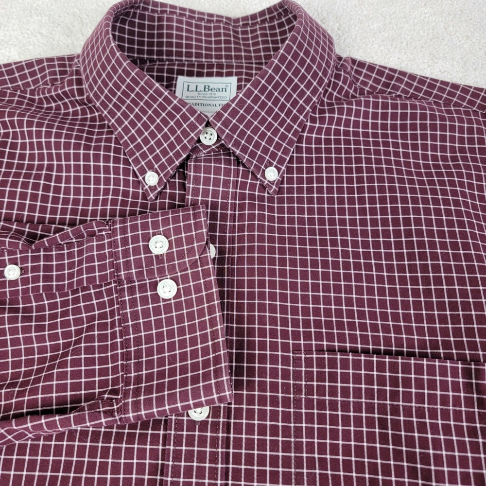 L.L.Bean Button Down Cotton Shirt Mens L Burgundy Grid Print Traditional Fit